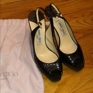 Jimmy Choo black reptile embossed peeptoe pumps